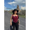 Bordo Göğüs Bağcıklı Biyeli Crop