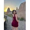 Bordo Göğüs Tokalı Sandy Elbise