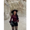 Bordo Kayık Yaka Transparan Crop