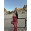 Bordo Sırt Bağcıklı Deri Elbise