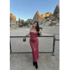 Bordo Sırt Bağcıklı Deri Elbise