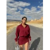 Bordo Terra Eteği Büzgülü Elbise