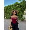 Bordo Yaka Dantelli Degaje Bodysuit