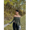 Haki Yandan Büzgülü Straplez Crop