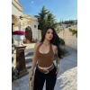 Kahve Boyundan Geçmeli Sırt Dekolte Crop