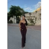 Kahve Çift Tokalı Straplez Maxi Elbise