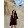 Kahve Göğüs Aksesuarlı Çift Kat Elbise