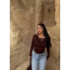 Kahve Göğüs Güpürlü Bluz