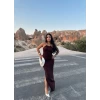 Kahve Halter Yaka Aksesuarlı Elbise