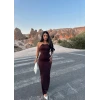 Kahve Halter Yaka Aksesuarlı Elbise