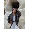Kahve Kemerli Yarasa Kol Deri Mont