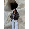 Kahve Kemerli Yarasa Kol Deri Mont