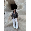 Kahve Kemerli Yarasa Kol Deri Mont