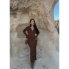 Kahve V Yaka Ters Dikişli Elbise