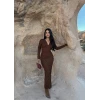 Kahve V Yaka Ters Dikişli Elbise