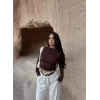 Kahve Yaka Degaje Büzgülü Crop