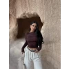 Kahve Yaka Degaje Büzgülü Crop