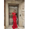 Kırmızı Boyundan Geçmeli Dekolte Long Elbise