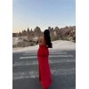 Kırmızı Boyundan Geçmeli Maxi Elbise