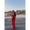 Kırmızı Boyundan Geçmeli Maxi Elbise