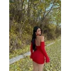 Kırmızı Lust Boyundan Geçmeli Taşlı Elbise
