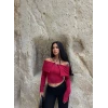 Bordo Mendili Yaka Fermuarlı Crop