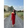 Kırmızı Straplez Yaka Sandy Elbise
