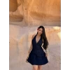 Lacivert Boyundan Geçmeli Denim Elbise