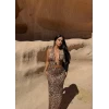 Leopar Göbeği Halkalı Maxi Elbise