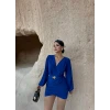 Mavi Kruvaze Önü Tokalı Elbise