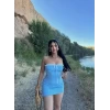 Mavi Yaka Bağcıklı Mini Elbise