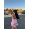 Pembe Eteği Fırfırlı Büzgülü Elbise
