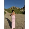 Pembe Tek Yırtmaçlı Kalın Askılı Elbise