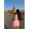 Pembe Yanları Büzgülü Kaşkorse Elbise