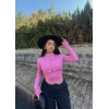 Pembe Yarım Fermuarlı Çift Kat Crop