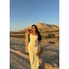 Sarı İp Askılı Yan Büzgülü Maxi Elbise
