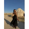 Siyah Askılı İnci Keten Elbise
