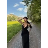 Siyah Boyundan Bağlamalı Keten Elbise