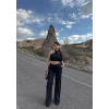 Siyah Boyundan Bağlamalı Keten İkili Takım