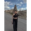 Siyah Boyundan Bağlamalı Keten İkili Takım