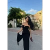 Siyah Çift Tokalı Straplez Maxi Elbise