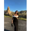 Siyah Garnili Madonna Long Elbise