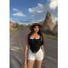 Siyah Göğüs Bağcıklı Biyeli Crop