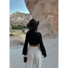 Siyah İspanyol Kol Fitilli Crop