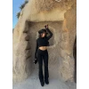 Siyah İspanyol Tayt Crop İkili Takım