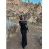 Siyah Kayık Yaka Saten İkili Takım