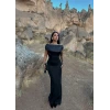Siyah Kayık Yaka Saten İkili Takım