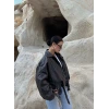 Siyah Kemerli Yarasa Kol Deri Mont