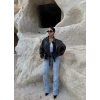 Siyah Kemerli Yarasa Kol Deri Mont