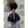 Siyah Kemerli Yarasa Kol Deri Mont